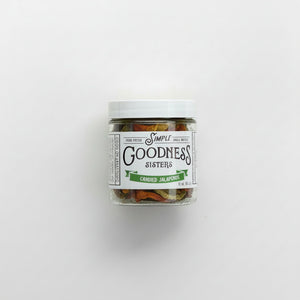 Jar of candied jalapenos product on a white background