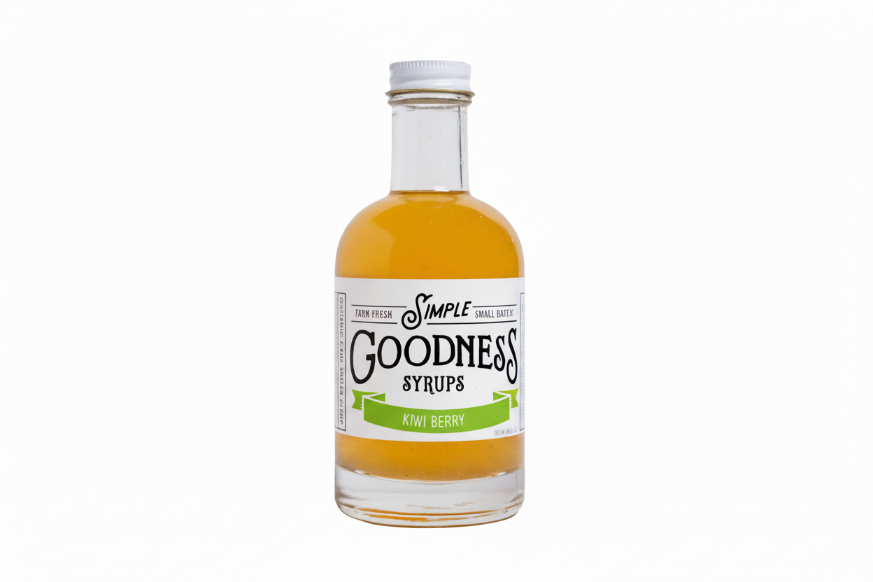 Bottle of Simple Goodness Syrups with a white label on a white background