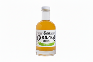 Bottle of Simple Goodness Syrups with a white label on a white background