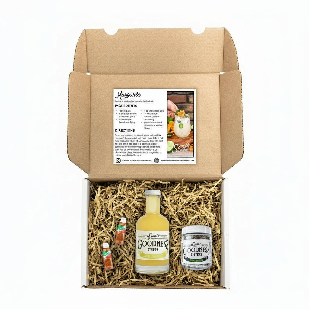 A cocktail kit containing a lime jalapeno syrup and jalapenos